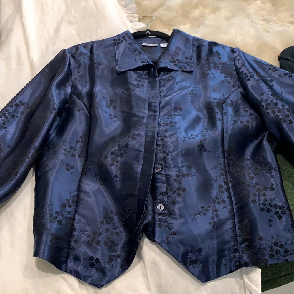 Blue satin shirt with black florals
